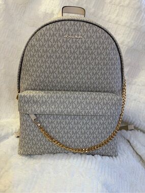 Michael Kors Signature MK Backpack in Light Beige with Gold Chain